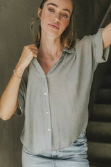Nadia Button Up Top in Light Grey -