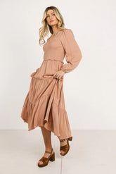 Smocked Tiered Midi Dress in Pink -