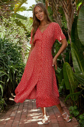 Ember Floral Midi Dress in Red -