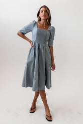 Paisley Smocked Midi Dress in Slate Blue -