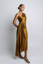 Asymmetrical Pleated Maxi Dress in Gold -