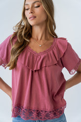 Lilian Lace Trim Top in Berry -