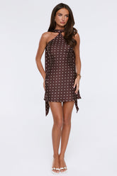 Style Watch Halter Satin Polka Dot Mini Dress Brown