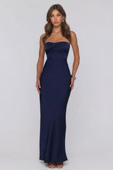 Secret Summer Strapless Satin Maxi Dress Navy
