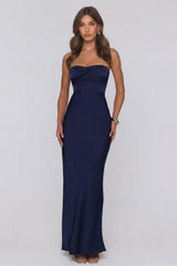 Secret Summer Strapless Satin Maxi Dress Navy