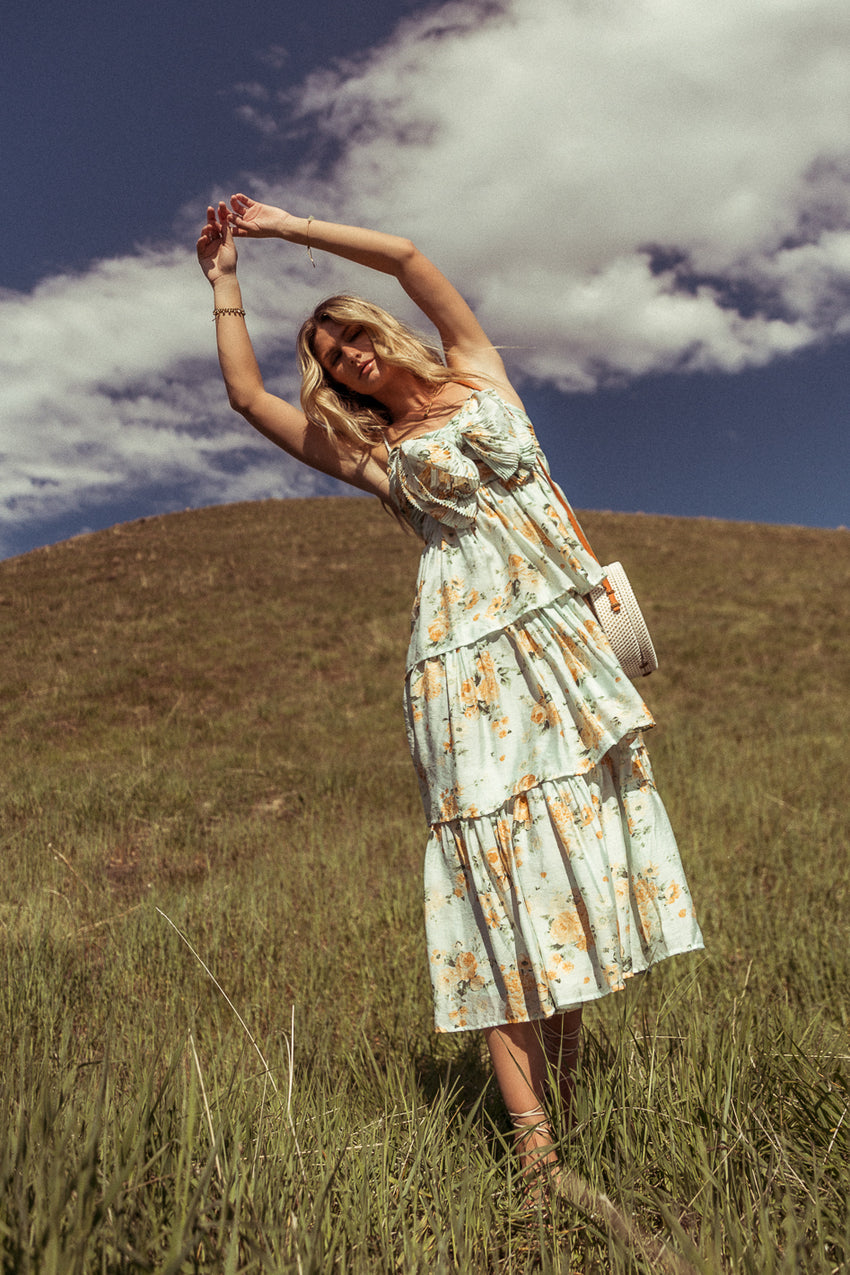 Ava Floral Midi Dress in Sage - 