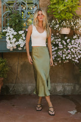 Lovinia Satin Midi Skirt in Olive -