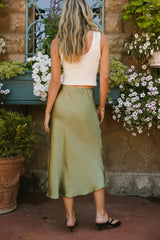 Lovinia Satin Midi Skirt in Olive -