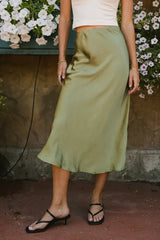 Lovinia Satin Midi Skirt in Olive -